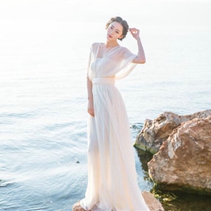 Dresses Summer Backless Women Tunic Elbow Sleeve Solid Beach Long Chiffon - White