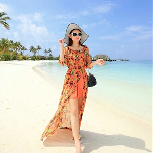Dresses Summer Girls Fifth Sleeved Split Printed Beach Long Bohemian - Orange