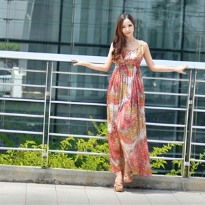 Dresses Summer Women Bohemian Beach Long Chiffon Leopard Print - Red