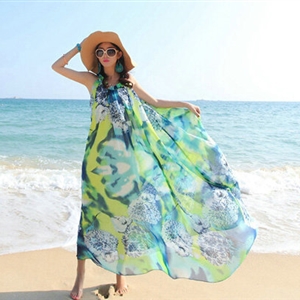 Dresses Summer Women Large Pendulum Printed Beach Long Chiffon Bohemian - Green