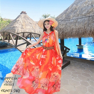 Dresses Summer Women Large Pendulum Printed Beach Long Chiffon Bohemian - Red