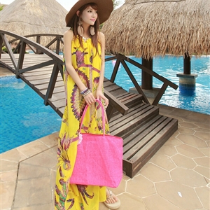 Dresses Summer Women Large Pendulum Printed Beach Long Chiffon Bohemian - Yellow