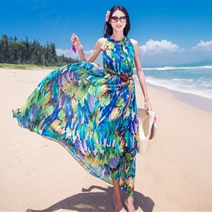 Dresses Summer Women Tunic Large Pendulum Printed Beach Long Tunic Bohemian - Blue