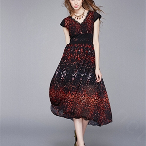 Elegant Dresses Summer Women Leopard Print Long Chiffon Tunic - Black Orange