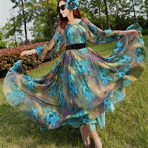 Elegant Dresses Summer Women Long Sleeved Printed Beach Long Chiffon Bohemian - Dark Blue
