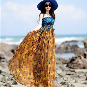 Elegant Dresses Summer Women Sundresses Peacock Beach Long Chiffon Bohemian - Orange