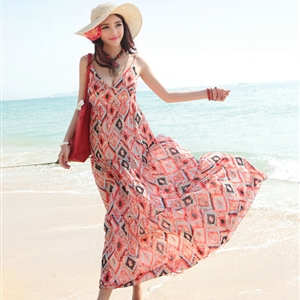 Elegant Dresses Summer Women Sundresses RhombicBeach Long Chiffon Bohemian - Red