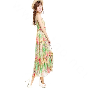 Elegant Dresses Summer Women V-Neck Printed Beach Long Chiffon Bohemian - Green