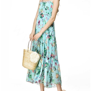 Elegant Dresses Summer Women V-Neck Printed Beach Long Chiffon Bohemian - Light Blue