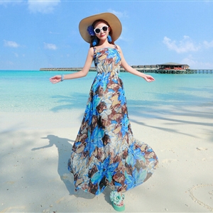 Fation Dresses Summer Girls Printed Bohemian Coast Chiffon Long - Dark Blue