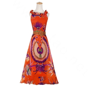 Fation Dresses Summer Girls Printed Bohemian Coast Chiffon Long - Orange
