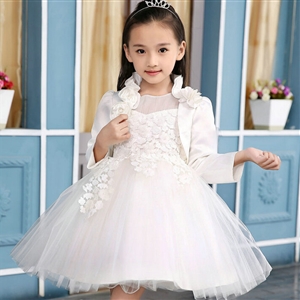 Fluffy Dresses Winter Flower Girls Lace Long Sleeve Wedding Party Dress - White