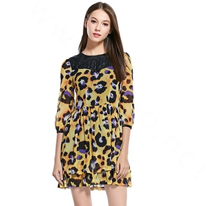 Gorgeous Dresses Fall Women Elbow-Length Sleeve Ruffle Leopard Print - Yellow