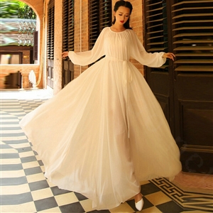 Sweet Dresses Summer Girls Bohemian Coast Lantern Long Sleeve Chiffon Long - White