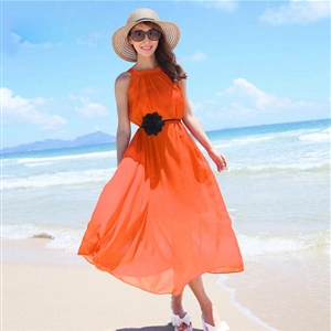 Sweet Dresses Summer Girls Solid Bohemian Coast Chiffon Long - Orange