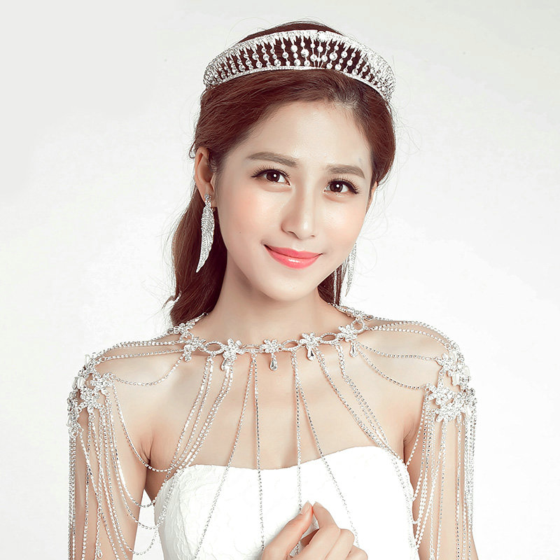 Alloy Flower Rhinestone Zircon Bridal Necklace Wedding Tassel Shoulder Chain Accessories - White