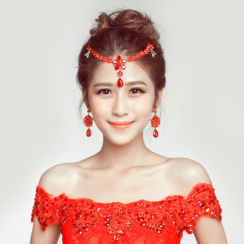 Alloy Rhinestone Flower Frontlet Pendant Headbands Earrings Bohemia Bridal Jewelry Sets - Red