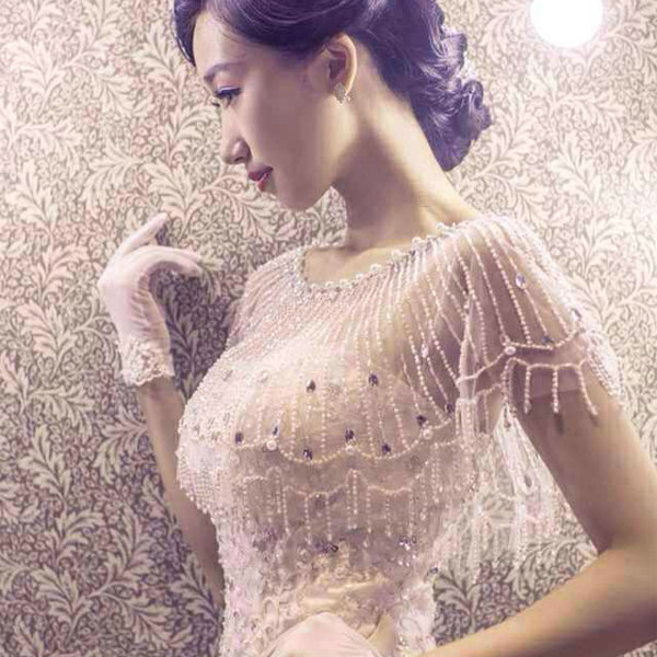 Elegant Wedding Bride Crystal Beads Lace Shawls Bridal Pearls Tassel Shoulder Chain Wrap