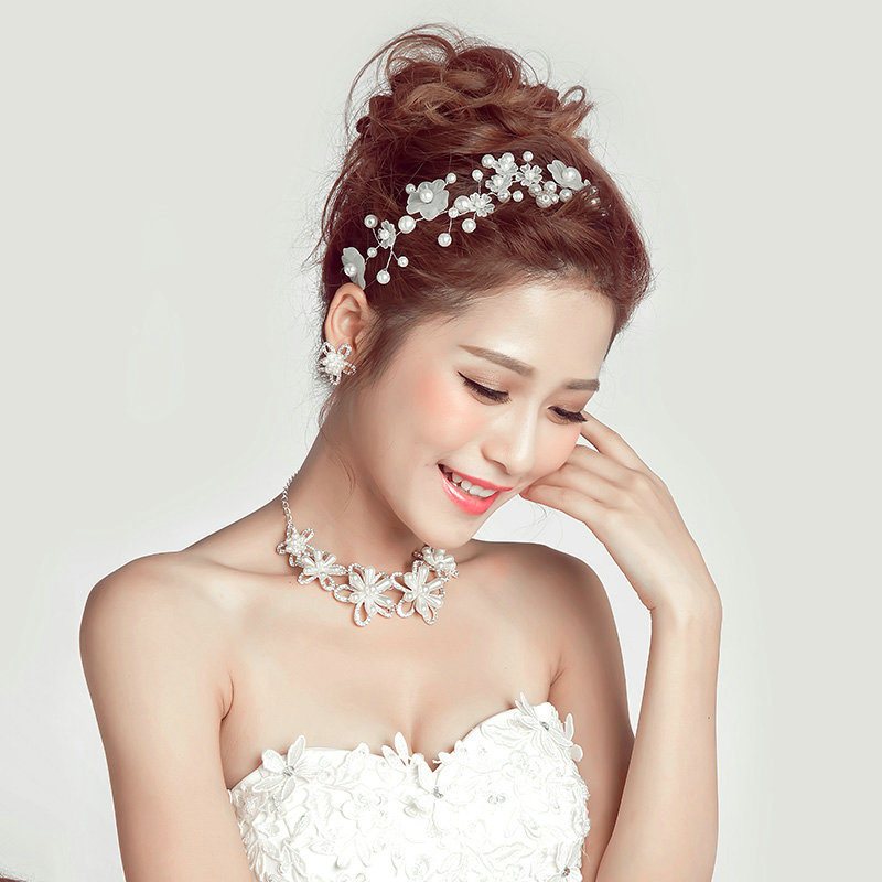 Fashion Rhinestone Pearl Flower Bridal Necklace Earrings Women Wedding Jewelry Sets - Silver