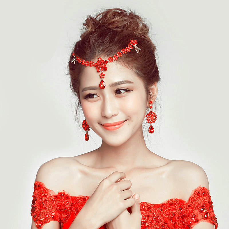 Flower Alloy Rhinestone Bohemia Bridal Frontlet Pendant Headbands Hair Accessories - Red