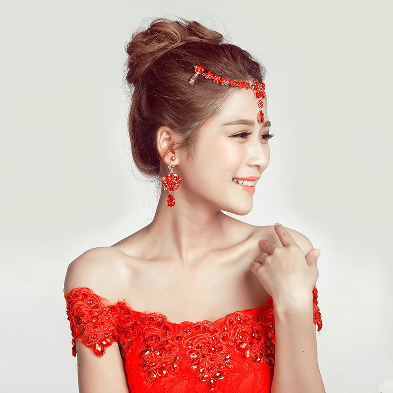 Flower Alloy Rhinestone Bohemia Bridal Frontlet Pendant Headbands Hair Accessories - Red