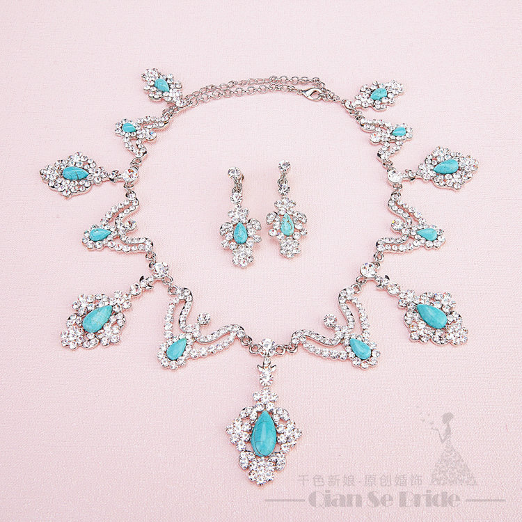 Gem Rhinestone Butterfly Bridal Jewelry Tiaras Necklace Earring Women Wedding Sets 3pcs - Blue