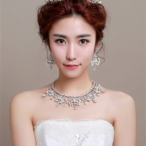 Luxury Pearl Crystals Bridal Tiaras Necklace Earring Queen Wedding Jewelry Sets 3pcs - White