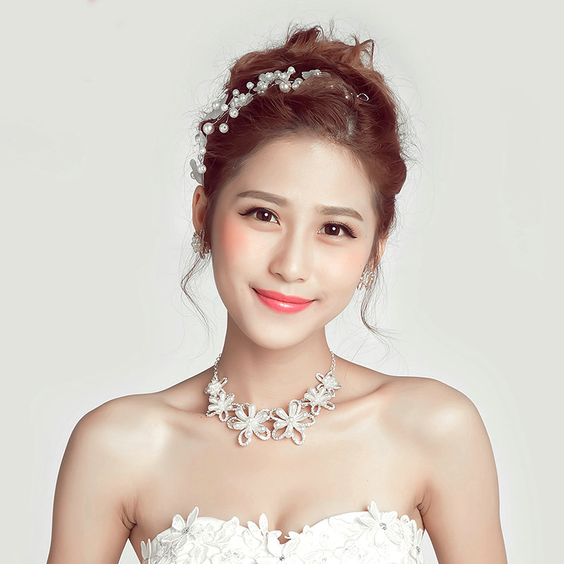 Romantic Pearls Flower Bridal Jewelry Tiaras Necklace Earring Women Weeding Sets 3pcs - White
