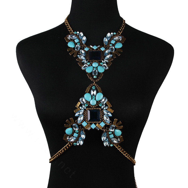 Alloy Rhinestone Flower Pendant Bib Necklace Bikini Beach Dress Decro Body Chain Jewelry - Blue