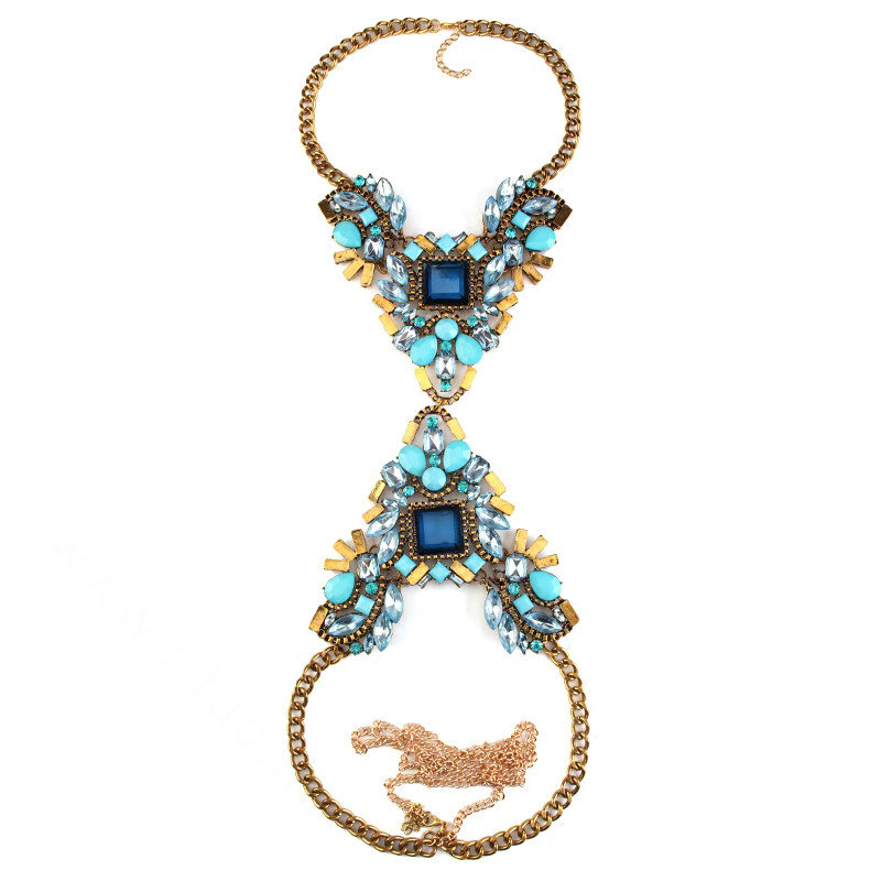 Alloy Rhinestone Flower Pendant Bib Necklace Bikini Beach Dress Decro Body Chain Jewelry - Blue