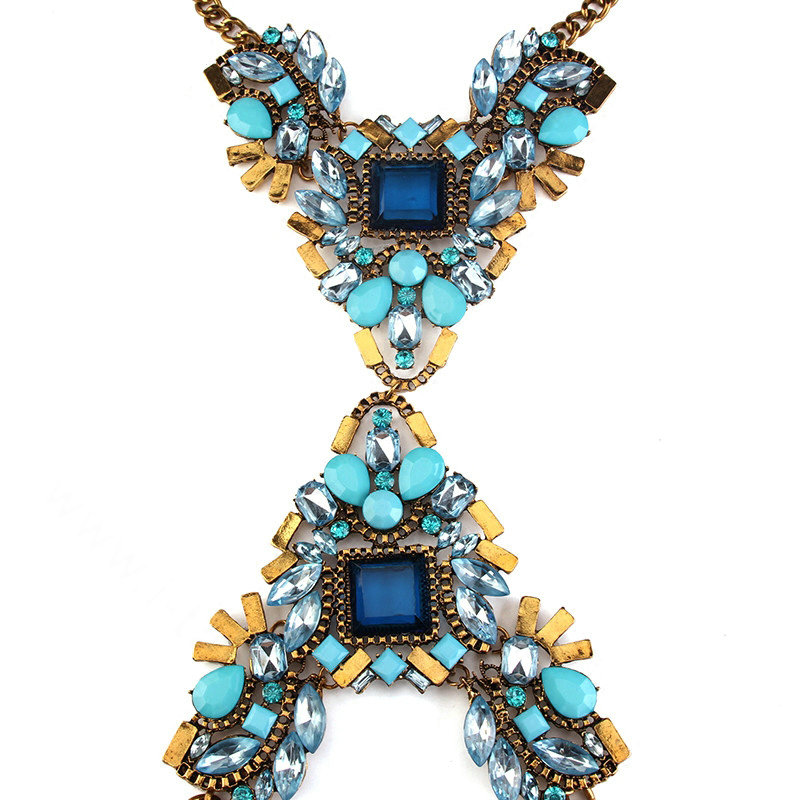 Alloy Rhinestone Flower Pendant Bib Necklace Bikini Beach Dress Decro Body Chain Jewelry - Blue