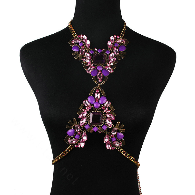 Alloy Rhinestone Flower Pendant Bib Necklace Bikini Beach Dress Decro Body Chain Jewelry - Purple
