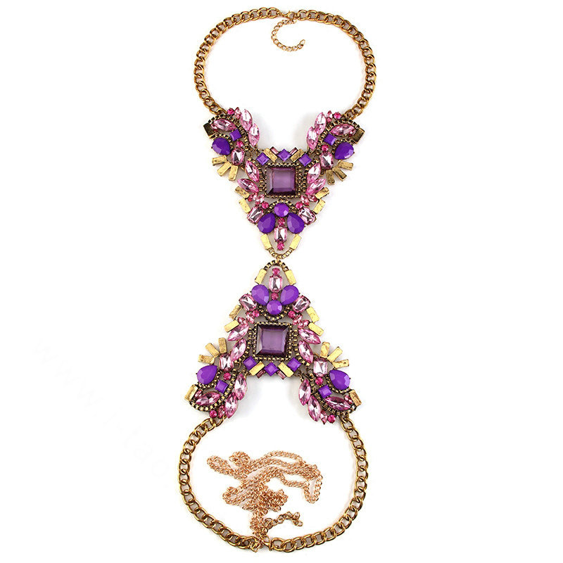 Alloy Rhinestone Flower Pendant Bib Necklace Bikini Beach Dress Decro Body Chain Jewelry - Purple