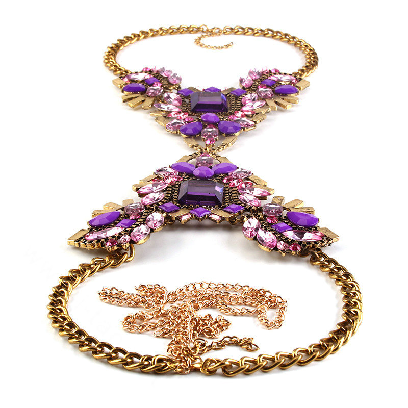 Alloy Rhinestone Flower Pendant Bib Necklace Bikini Beach Dress Decro Body Chain Jewelry - Purple
