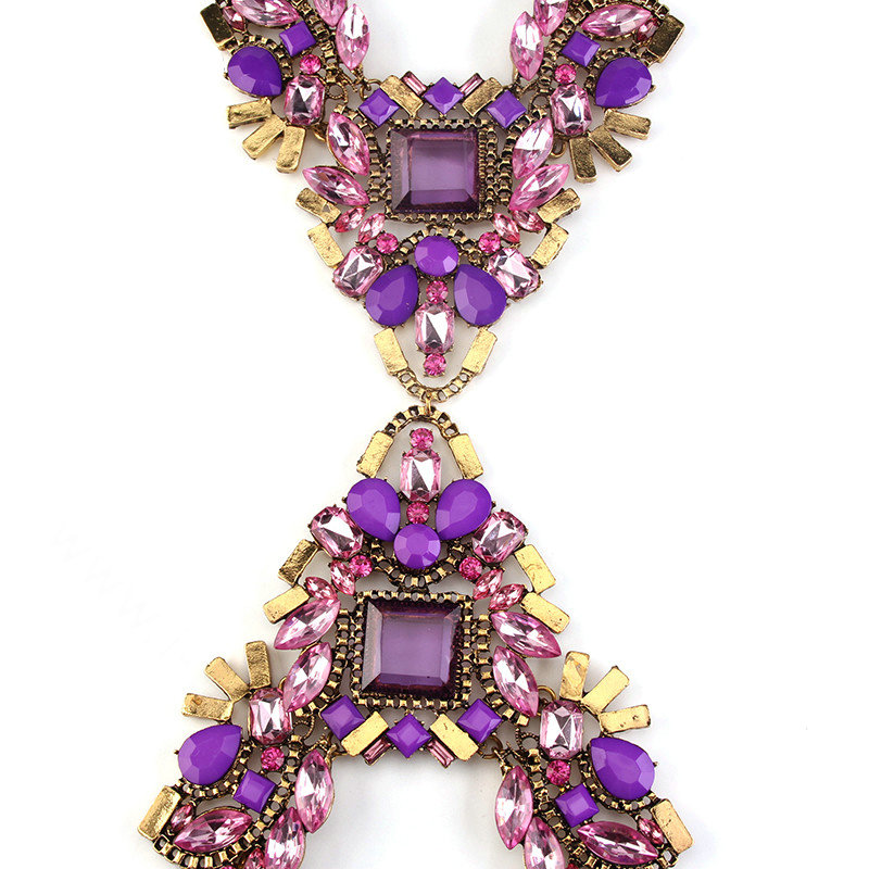 Alloy Rhinestone Flower Pendant Bib Necklace Bikini Beach Dress Decro Body Chain Jewelry - Purple