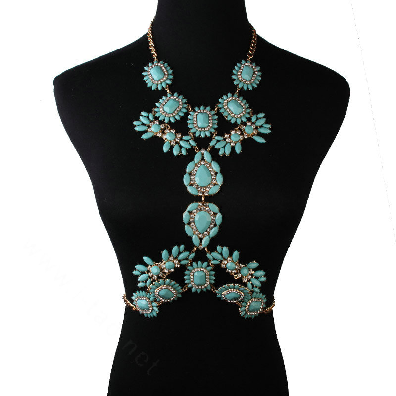 Alloy Rhinestone Flower Pendant Gem Necklace Bikini Beach Dress Decro Body Chain Jewelry - Blue