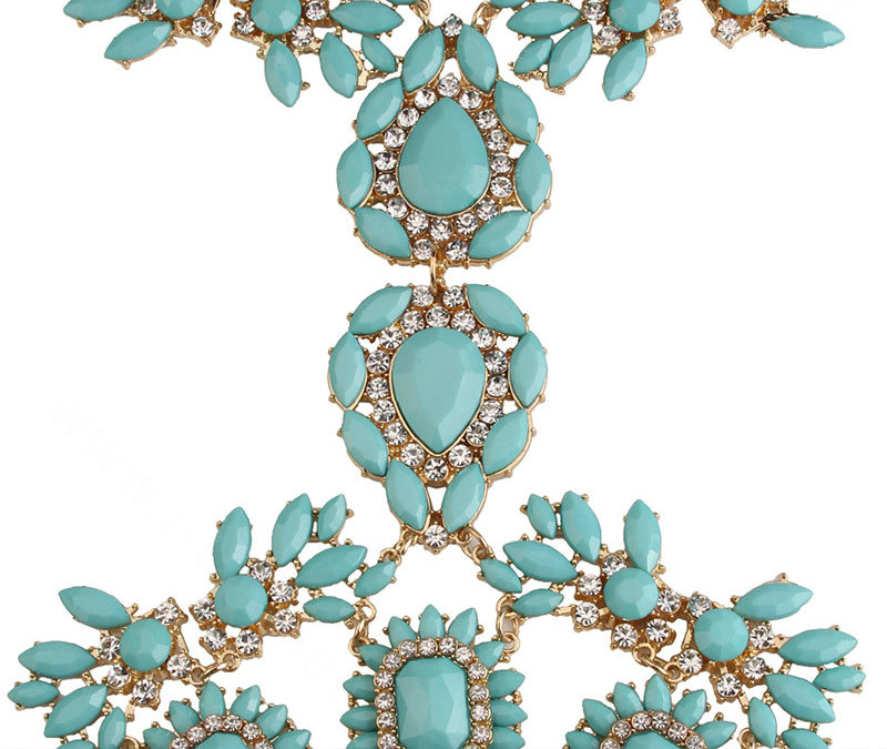 Alloy Rhinestone Flower Pendant Gem Necklace Bikini Beach Dress Decro Body Chain Jewelry - Blue