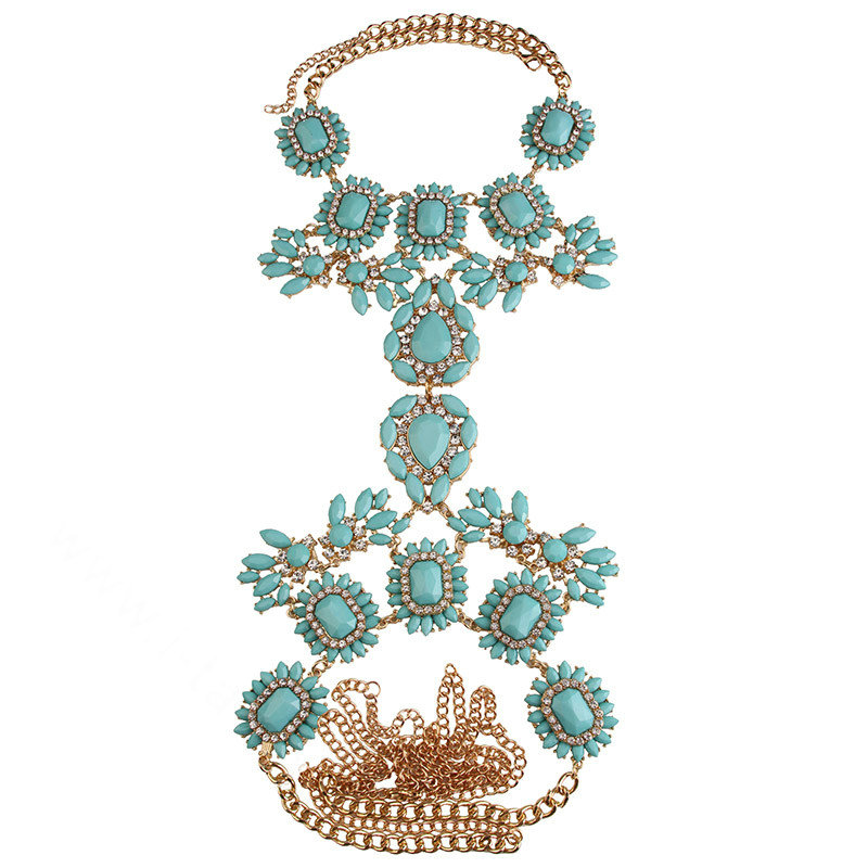 Alloy Rhinestone Flower Pendant Gem Necklace Bikini Beach Dress Decro Body Chain Jewelry - Blue