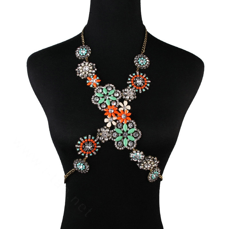Alloy Rhinestone Flower Pendant Gem Necklace Bikini Beach Dress Decro Body Chain Jewelry - Colorful
