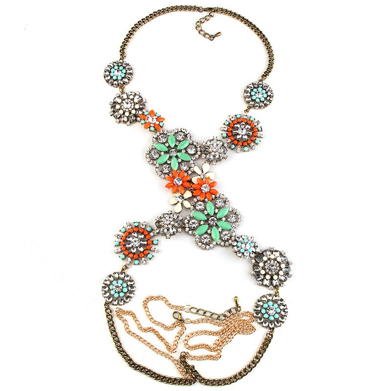 Alloy Rhinestone Flower Pendant Gem Necklace Bikini Beach Dress Decro Body Chain Jewelry - Colorful