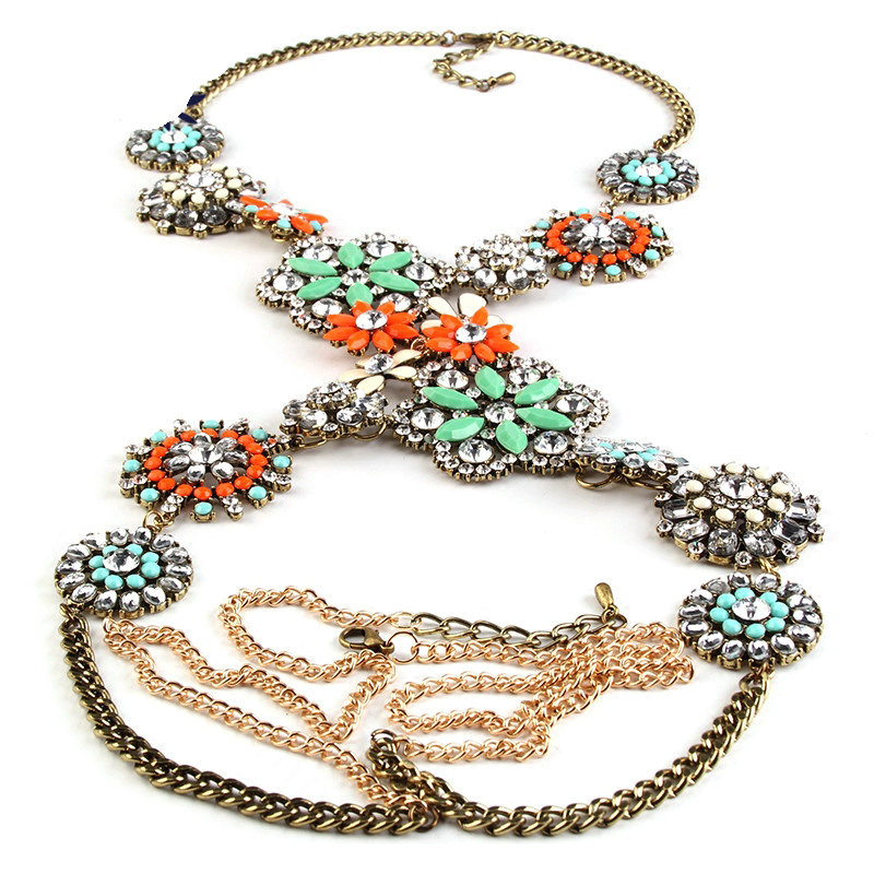 Alloy Rhinestone Flower Pendant Gem Necklace Bikini Beach Dress Decro Body Chain Jewelry - Colorful