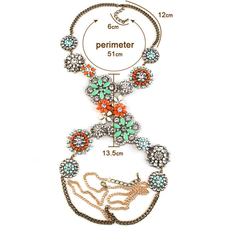 Alloy Rhinestone Flower Pendant Gem Necklace Bikini Beach Dress Decro Body Chain Jewelry - Colorful