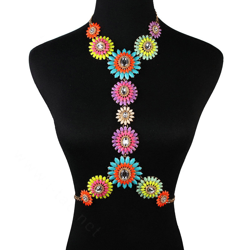 Alloy Rhinestone Flower Pendant Gem Necklace Bikini Beach Dress Decro Body Chain Jewelry - Coloured
