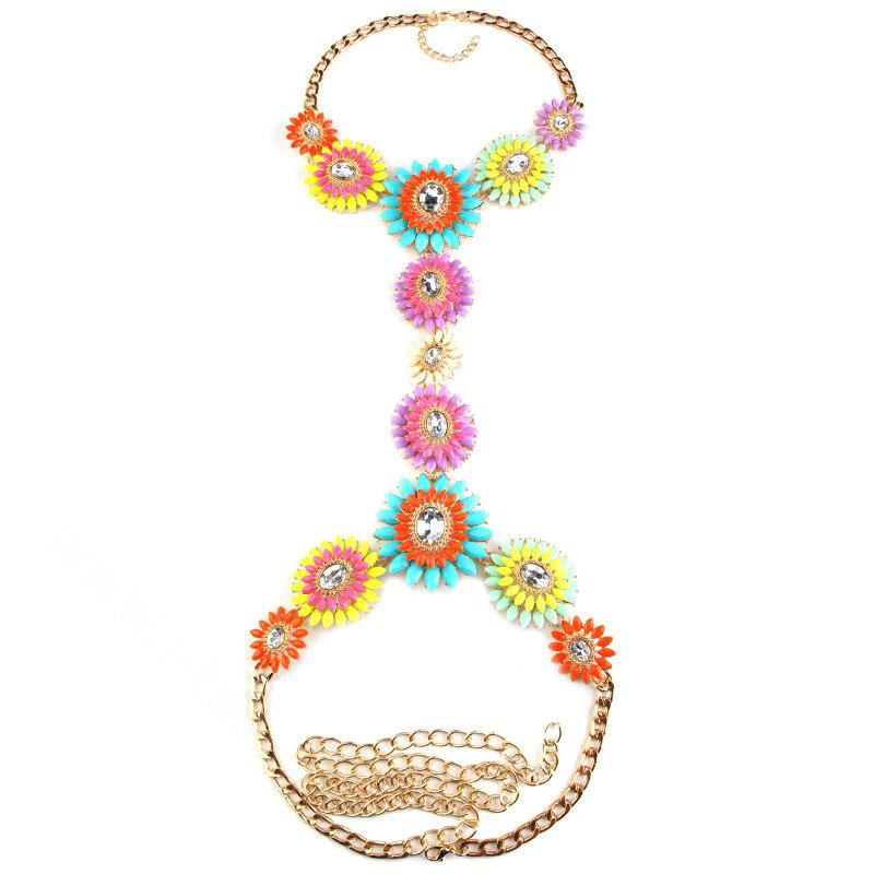 Alloy Rhinestone Flower Pendant Gem Necklace Bikini Beach Dress Decro Body Chain Jewelry - Coloured