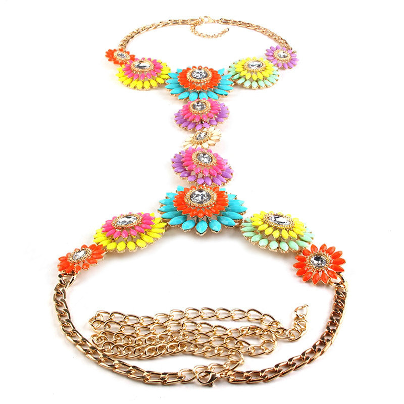 Alloy Rhinestone Flower Pendant Gem Necklace Bikini Beach Dress Decro Body Chain Jewelry - Coloured