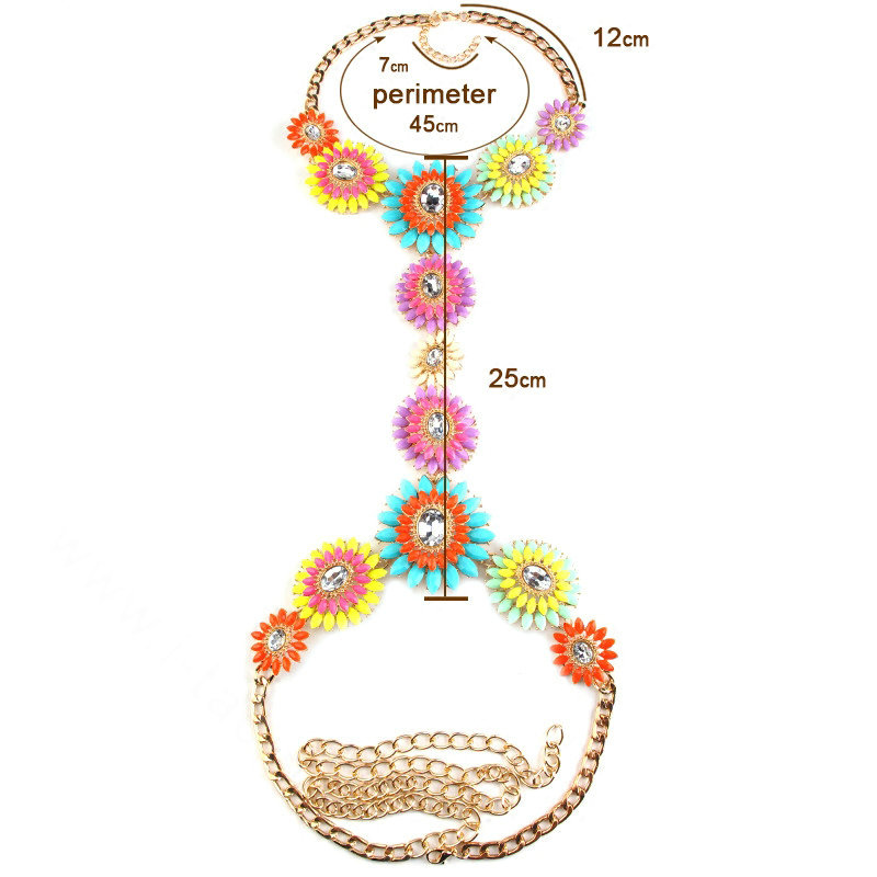 Alloy Rhinestone Flower Pendant Gem Necklace Bikini Beach Dress Decro Body Chain Jewelry - Coloured