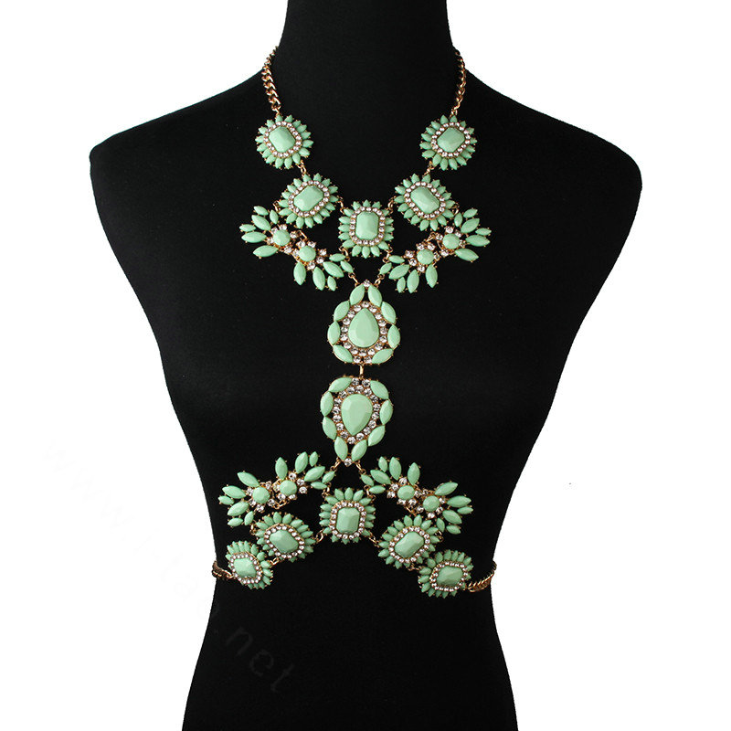 Alloy Rhinestone Flower Pendant Gem Necklace Bikini Beach Dress Decro Body Chain Jewelry - Green