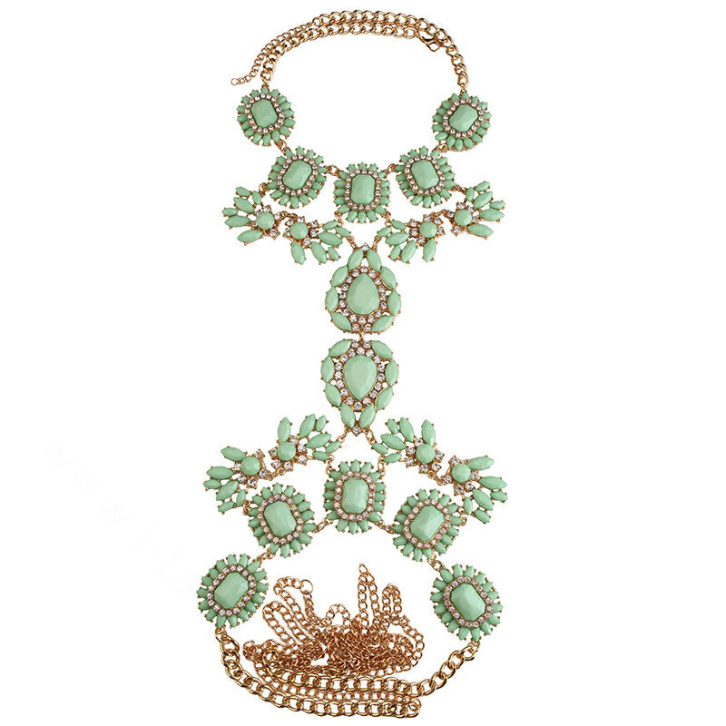 Alloy Rhinestone Flower Pendant Gem Necklace Bikini Beach Dress Decro Body Chain Jewelry - Green