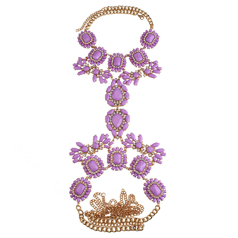 Alloy Rhinestone Flower Pendant Gem Necklace Bikini Beach Dress Decro Body Chain Jewelry - Purple