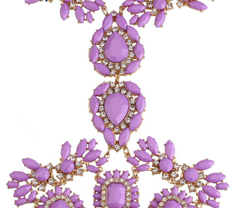 Alloy Rhinestone Flower Pendant Gem Necklace Bikini Beach Dress Decro Body Chain Jewelry - Purple